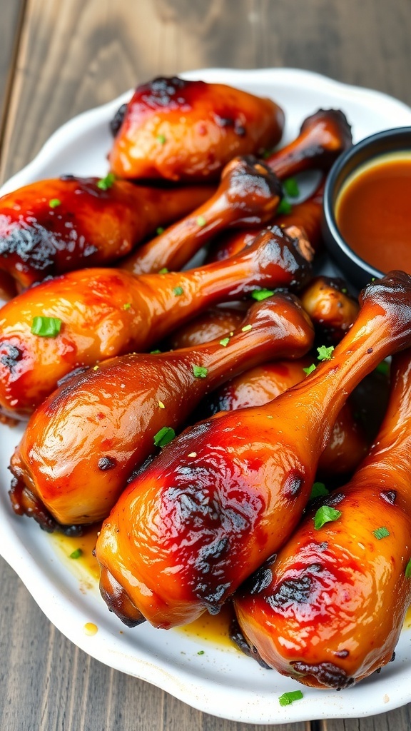 Smoked chicken drumsticks on a wooden platter, garnished with herbs and served with dipping sauce.